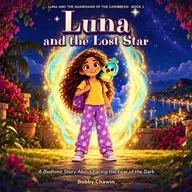 Cover of Luna and the Lost Star. Luna, in star pajamas, stands next to Tilo, a turquoise bird, in front of a portal of light.