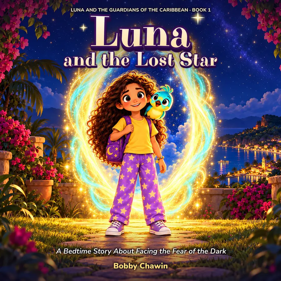 Cover of Luna and the Lost Star. Luna, in star pajamas, stands next to Tilo, a turquoise bird, in front of a portal of light.