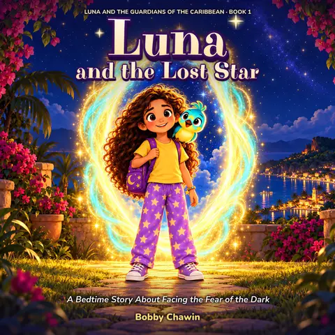 Cover of Luna and the Lost Star. Luna, in star pajamas, stands next to Tilo, a turquoise bird, in front of a portal of light.