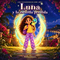 Cover of Luna y la estrella perdida. Luna, in star pajamas, stands next to Tilo, a turquoise bird, in front of a portal of light.