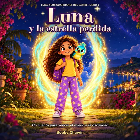 Cover of Luna y la estrella perdida. Luna, in star pajamas, stands next to Tilo, a turquoise bird, in front of a portal of light.