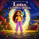 Cover of Luna y la estrella perdida. Luna, in star pajamas, stands next to Tilo, a turquoise bird, in front of a portal of light.