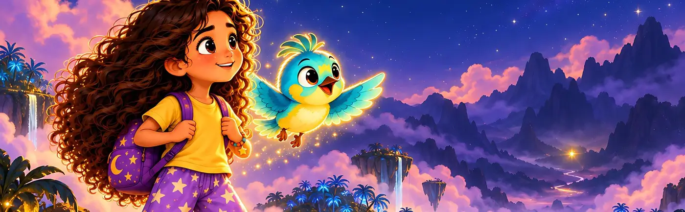 Luna in her star pajamas smiles next to Tilo, a turquoise bird, under a starry sky.