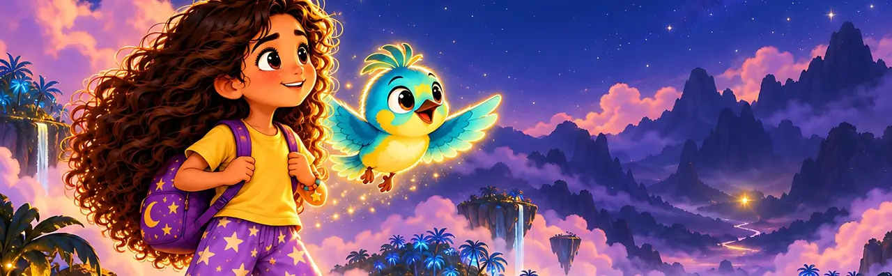Luna in her star pajamas smiles next to Tilo, a turquoise bird, under a starry sky.