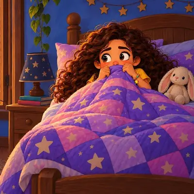 Luna pulls her star blanket up to her nose, with her stuffed bunny beside her.