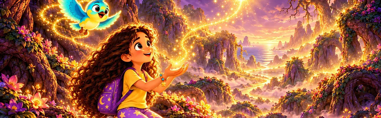 Luna among flowers smiles at a golden light in a magical valley while Tilo flies above her.