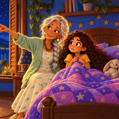 Abuela Licha points at the night sky while Luna listens from her bed.