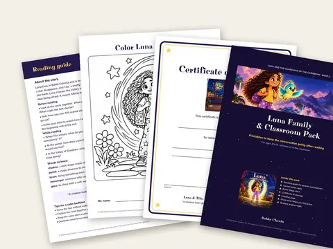 Pages from the Luna Family & Classroom Pack: reading guide, coloring page, certificate and cover