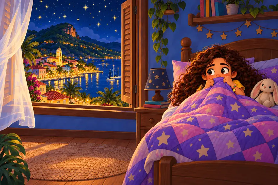 Luna hides under her star quilt while Bahía Estrella glows outside her window