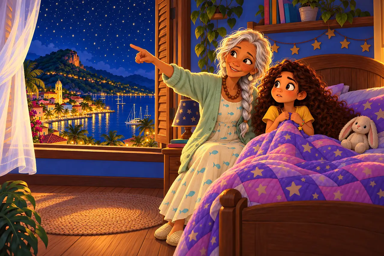 Abuela Licha points at the starry sky while Luna listens from her bed