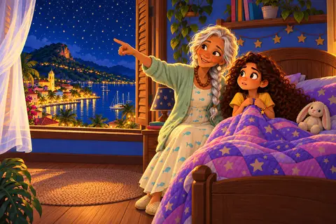 Abuela Licha points at the starry sky while Luna listens from her bed