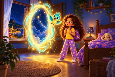 Luna and Tilo in front of the portal of light