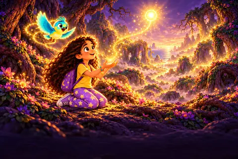 Luna kneels in a glowing valley as Tilo flies toward a bright star