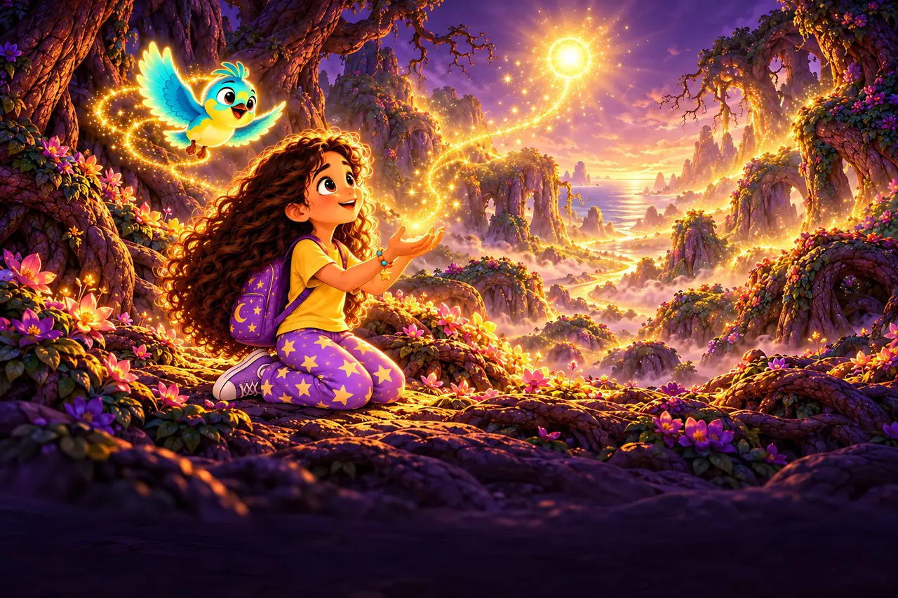 Luna kneels in a glowing valley as Tilo flies toward a bright star